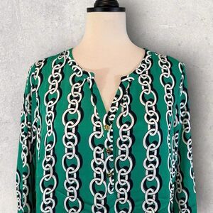 Iman Green Tunic Top Asymmetrical Hem Chainlink Print Size M NWT